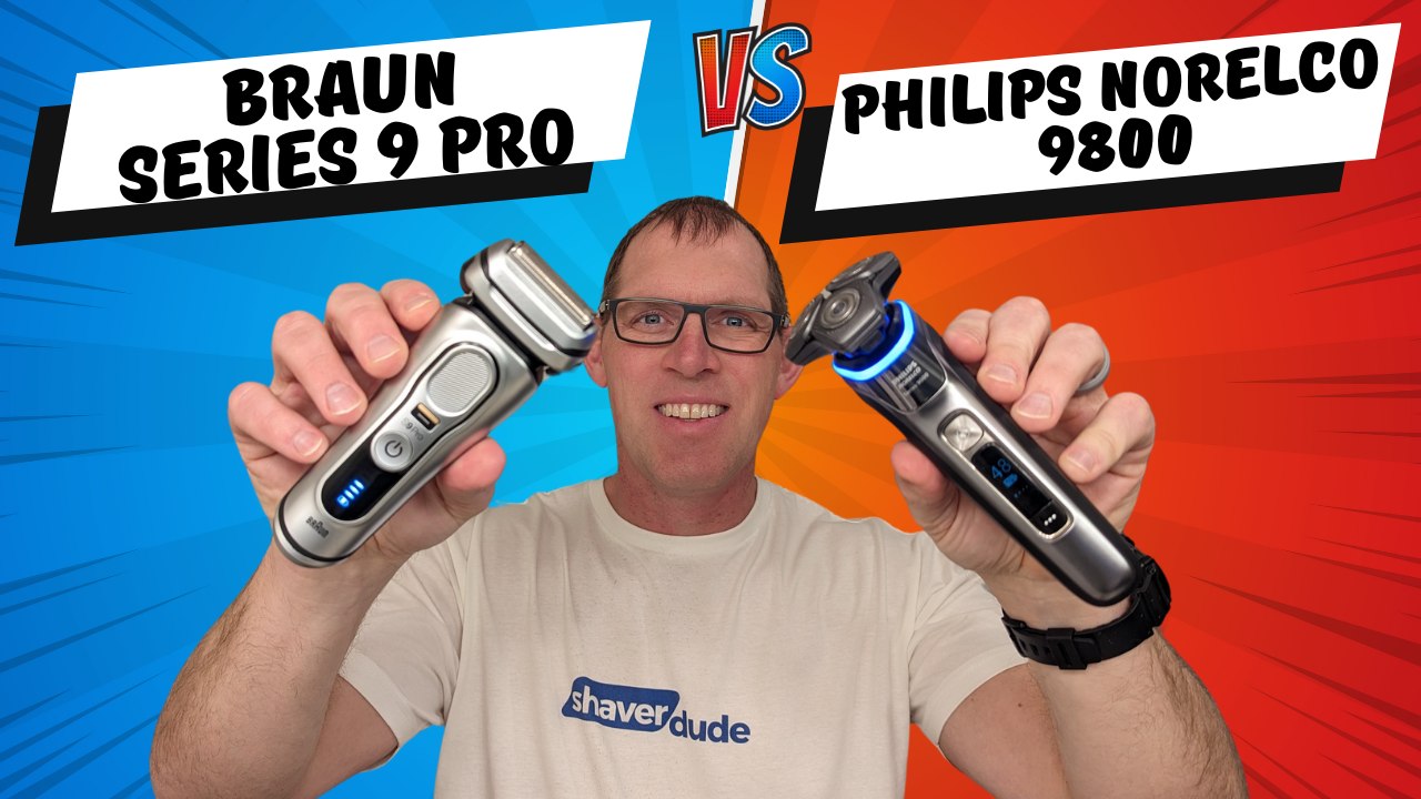 Braun Series 9 Pro and Philips Norelco 9800 shavers being held by Ryan