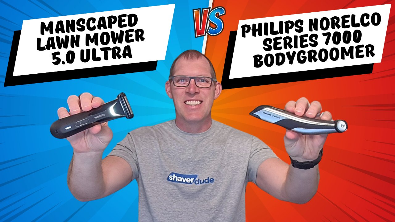 Ryan holding the Manscaped Lawn Mower 5.0 Ultra and the Philips Norelco 7000 body groomer