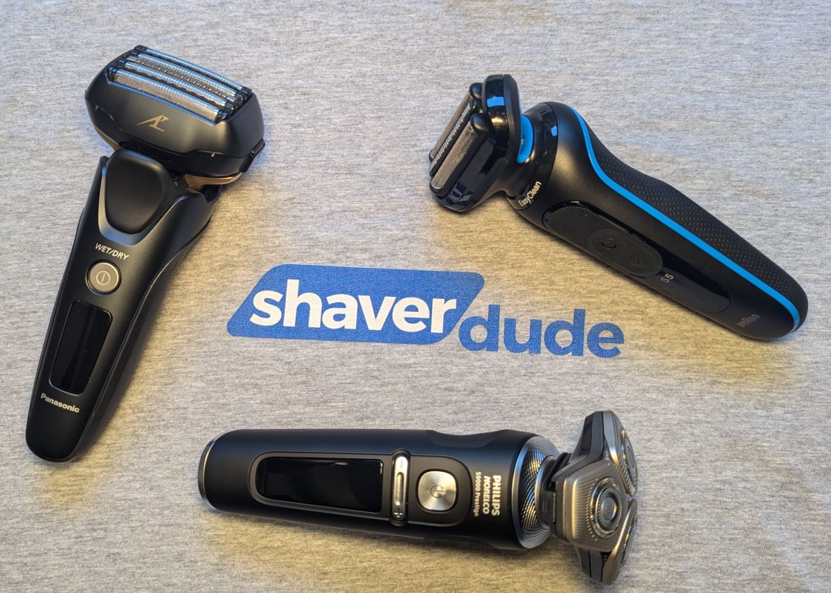 shaver dude logo with 3 shavers around it