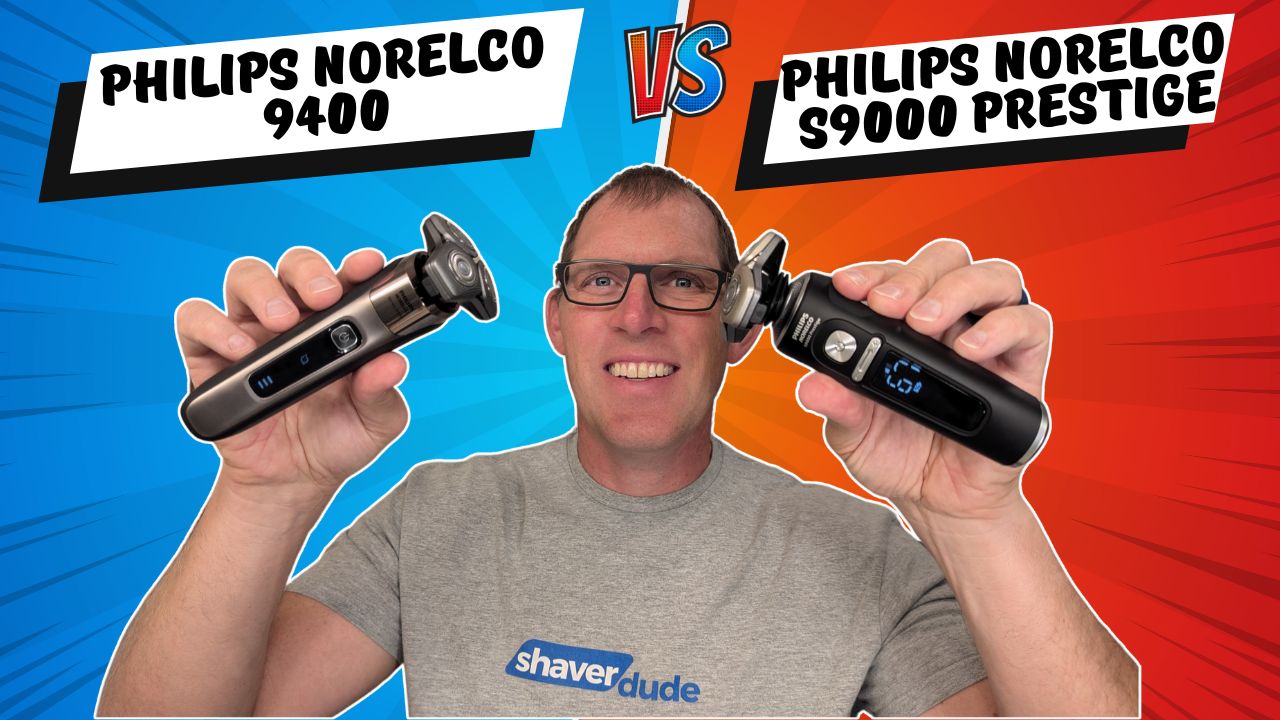 Shaver Dude holding the Philips Norelco S9000 Prestige and Philips Norelco 9400 shavers