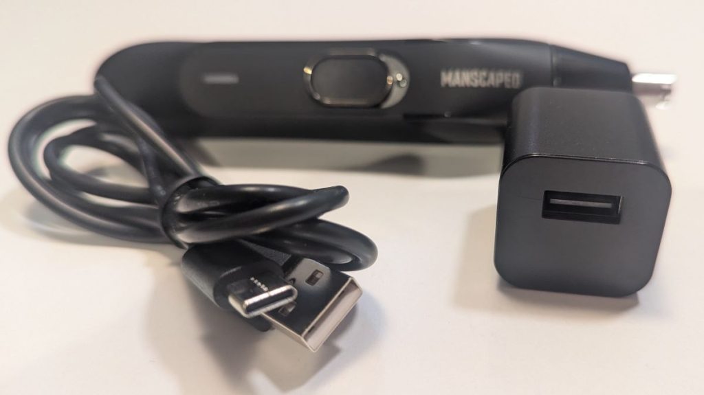 Manscaped Weed Whacker 2.0 charging brick and USB-A to USB-C cable