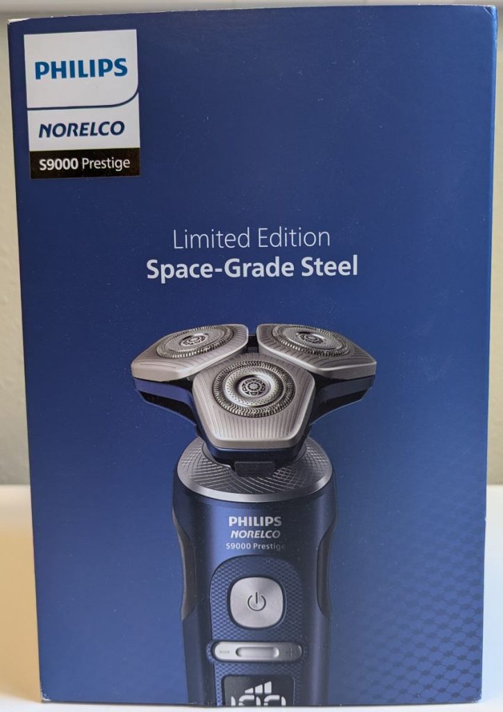 front of the box of the Philips Norelco S9000 Prestige Space Grade Shaver