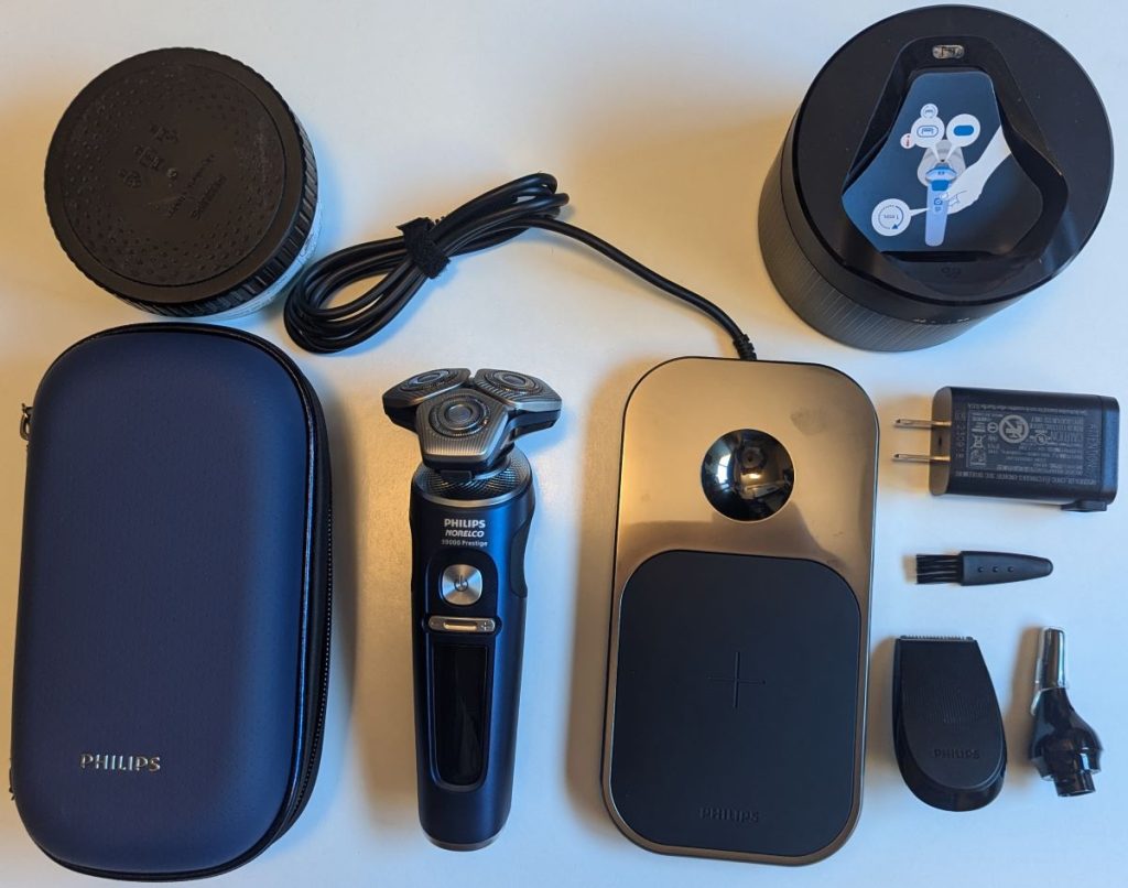 the contents of the box for the Philips Norelco S9000 Prestige Space Grade Shaver