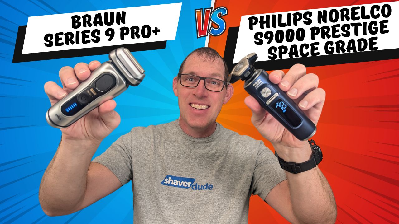 Shaver Dude holding the Braun Series 9 Pro+ shaver in one hand and the Philips Norelco S9000 Prestige in the other hand