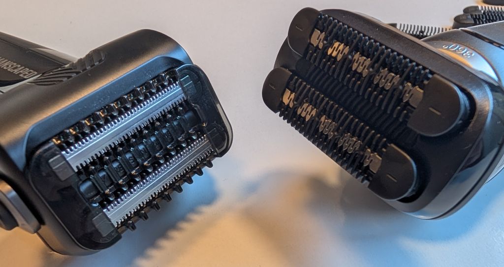 side-by-side comparison of the stubble trimmer for both the Manscaped Chairman PRO and the Braun Series 7