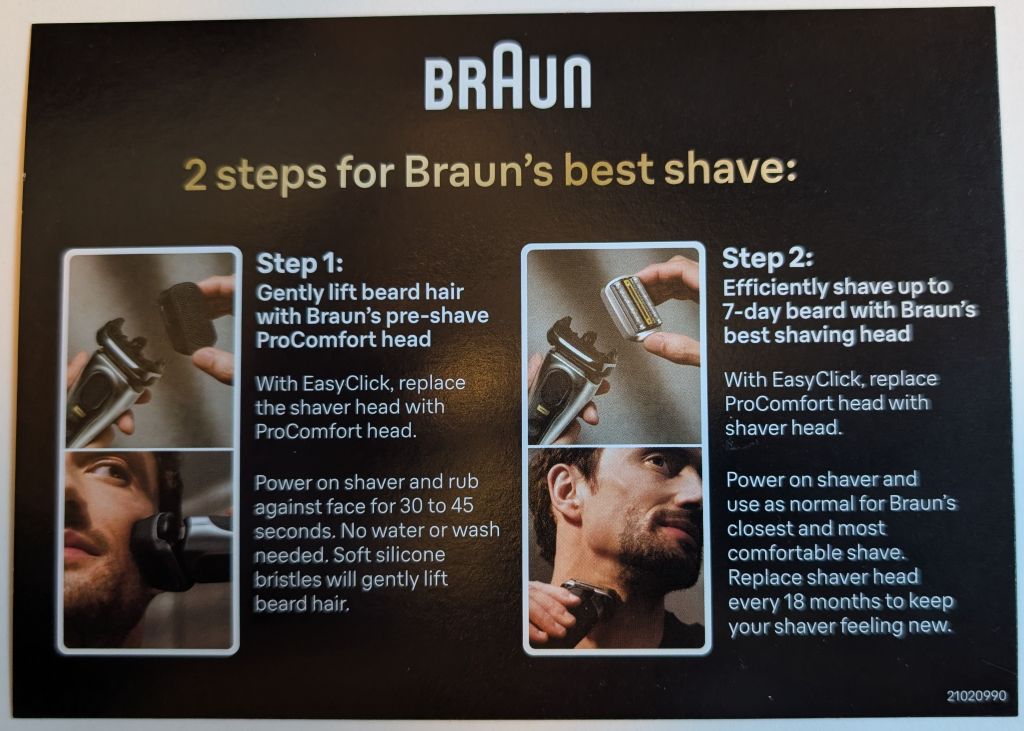 A printout for the 2 steps to getting the best shave. First use the ProComfort head, and then use the Braun Series 9 PRO+.