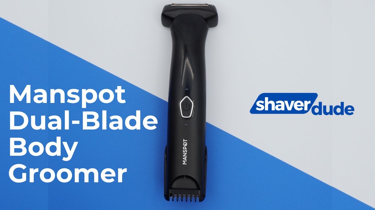 Manspot Dual-Blade body groomer next to the Shaver Dude logo