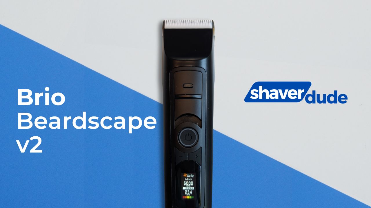 The Brio Beardscape v2 shaver with a blue and white background and the Shaver Dude Logo