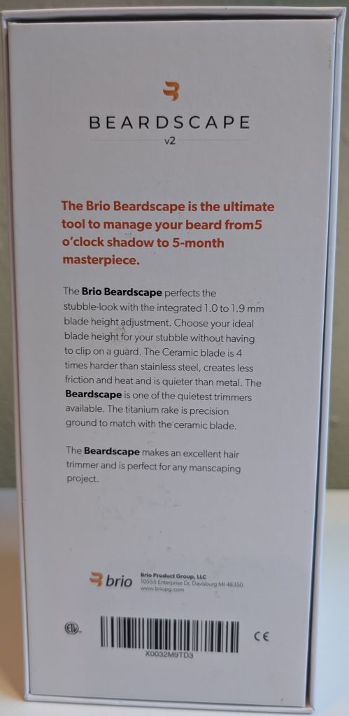 Back of the box of the Brio Beardscape v2 trimmer