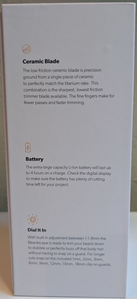 left side of the box of the Brio Beardscape v2 trimmer