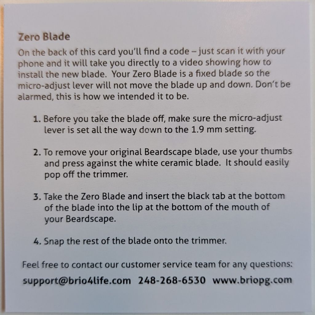 A small piece of paper with Brio Zero Blade Documentation, includes instructions to connect the zero blade and support contact information